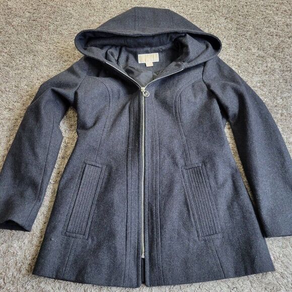 Michael Kors Jacket Womens Small Gray Hooded Wool Blend Full Zip Lined - Picture 1 of 8